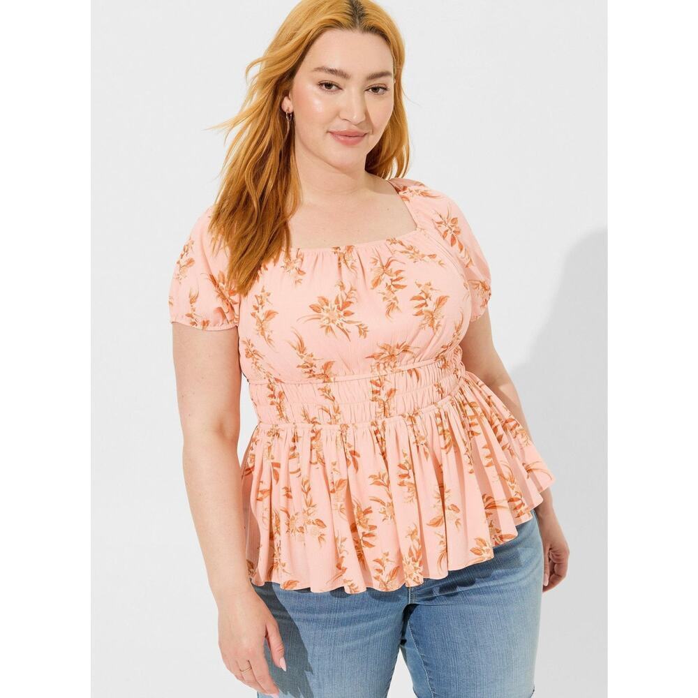 Torrid Size 1X Floral Print Washable Crinkle Gauze Criss Cross Back Top Pink